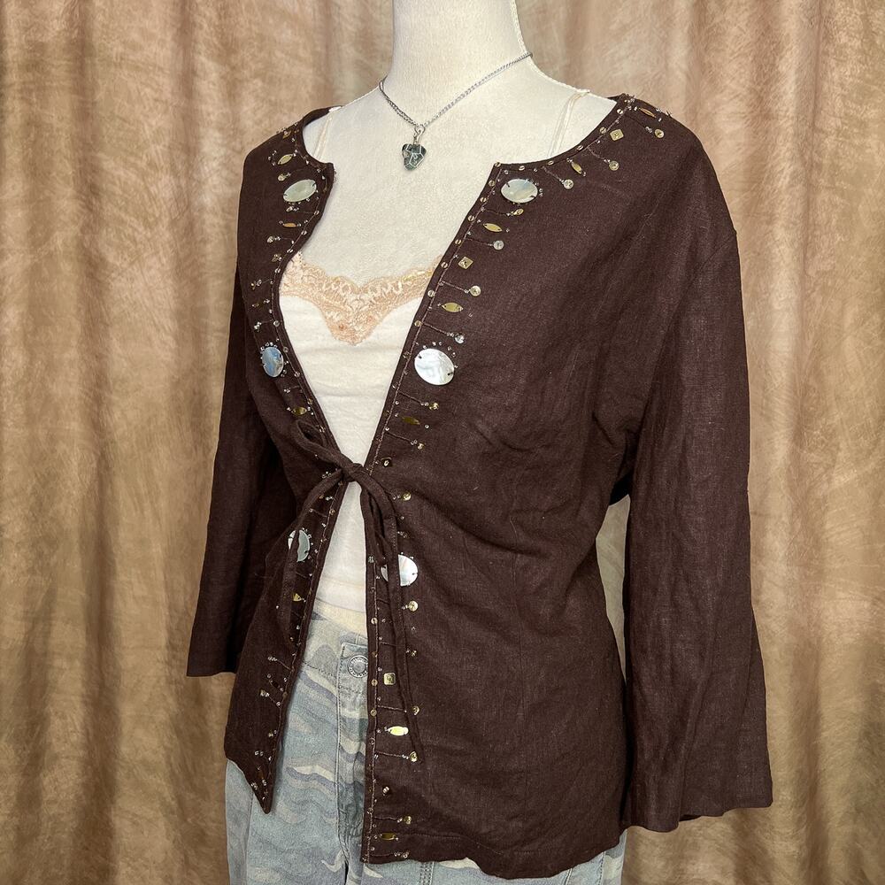 Vintage 90s Open Front Beaded Seashell Sequin Jacket Brown Euro McBling Nautical